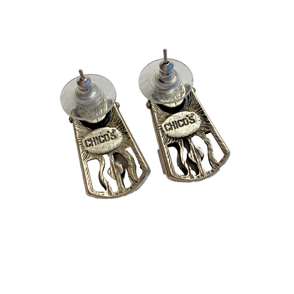 Chico's Chic Pierced Earrings Boho Artisan Stylized Black & Teal Enamel Accents - Picture 3 of 5